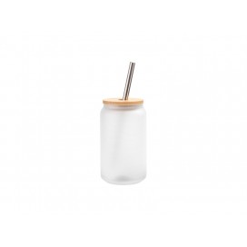 13oz/400ml Frosted Glass Mug  with Bamboo Lid & SS Straw(10/pack)